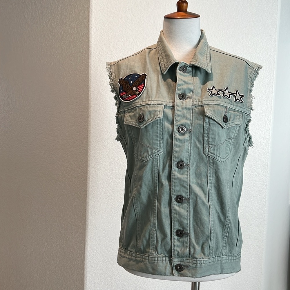 TING OF FIRE Denim Vest with Eagle and Star Patches